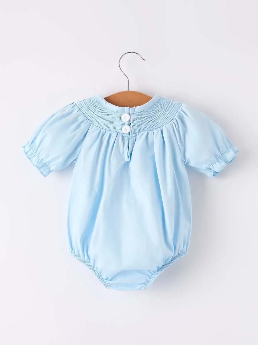 Rylee Faith Designs Girls Cross Smocking Embroidered Blue Romper - 