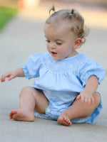 Rylee Faith Designs Girls Cross Smocking Embroidered Blue Romper - 