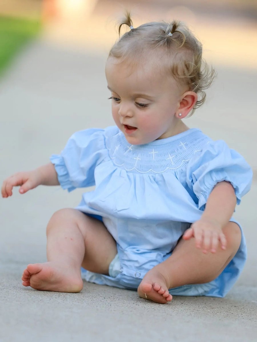 Rylee Faith Designs Girls Cross Smocking Embroidered Blue Romper - 