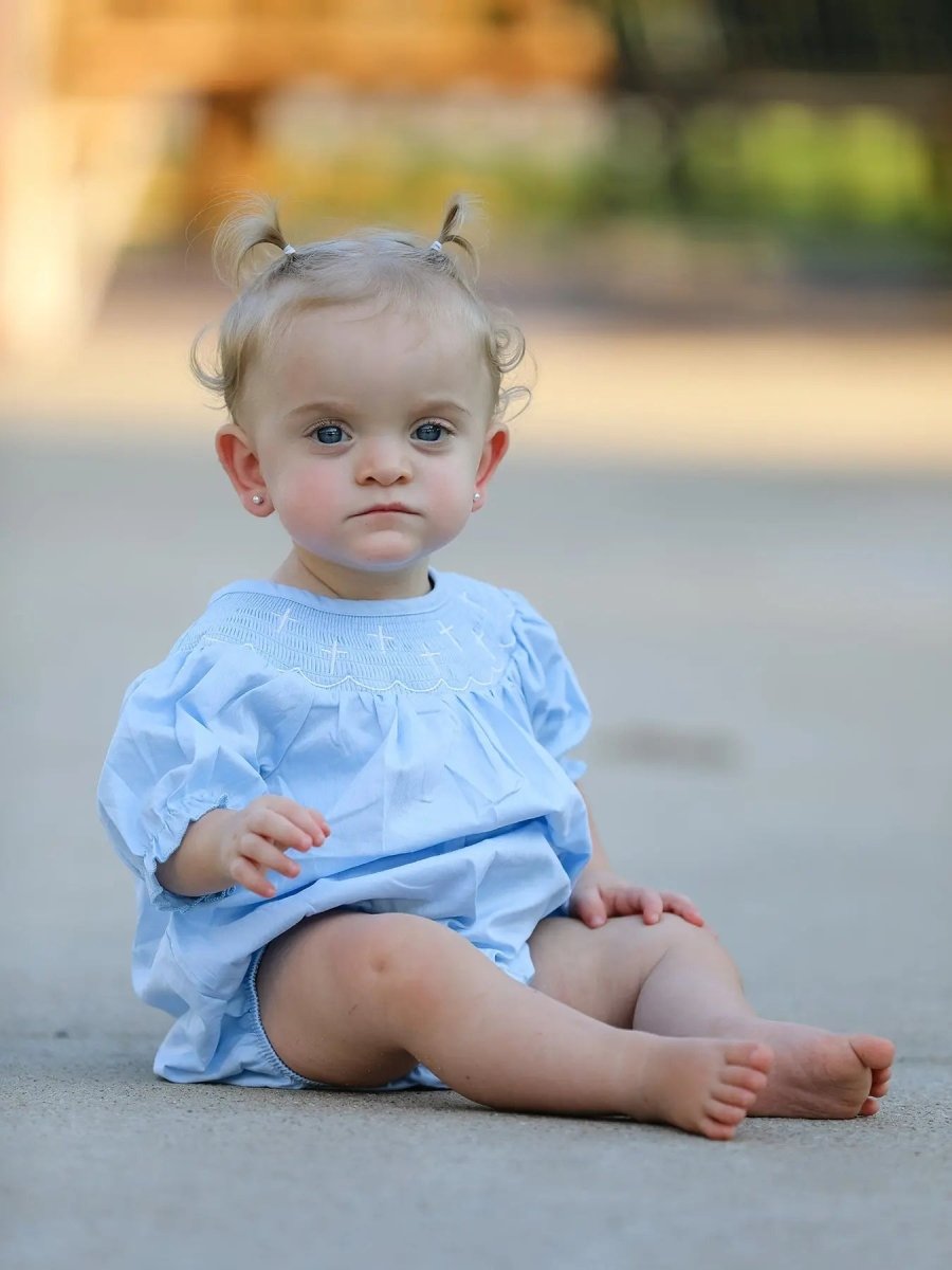 Rylee Faith Designs Girls Cross Smocking Embroidered Blue Romper - 