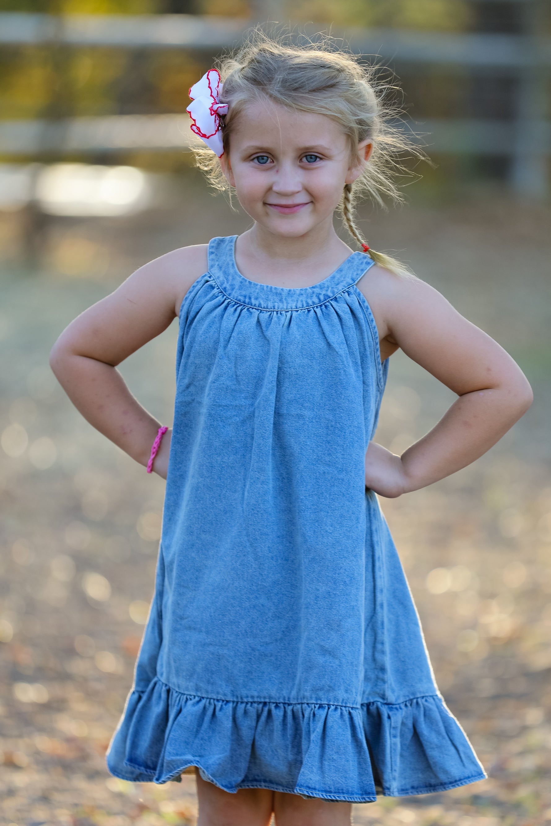 Rylee Faith Designs Girls Denim Ruffle Trim A - Line Dress - 