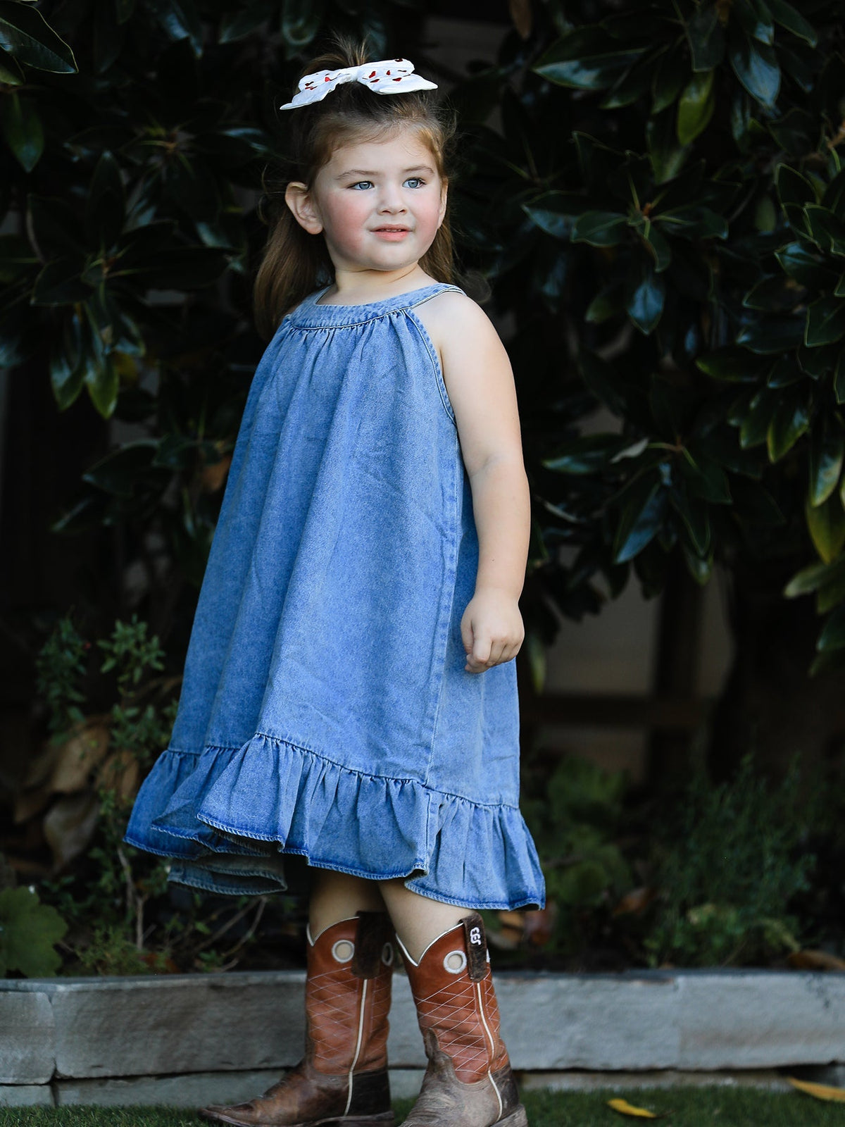 Rylee Faith Designs Girls Denim Ruffle Trim A - Line Dress - 