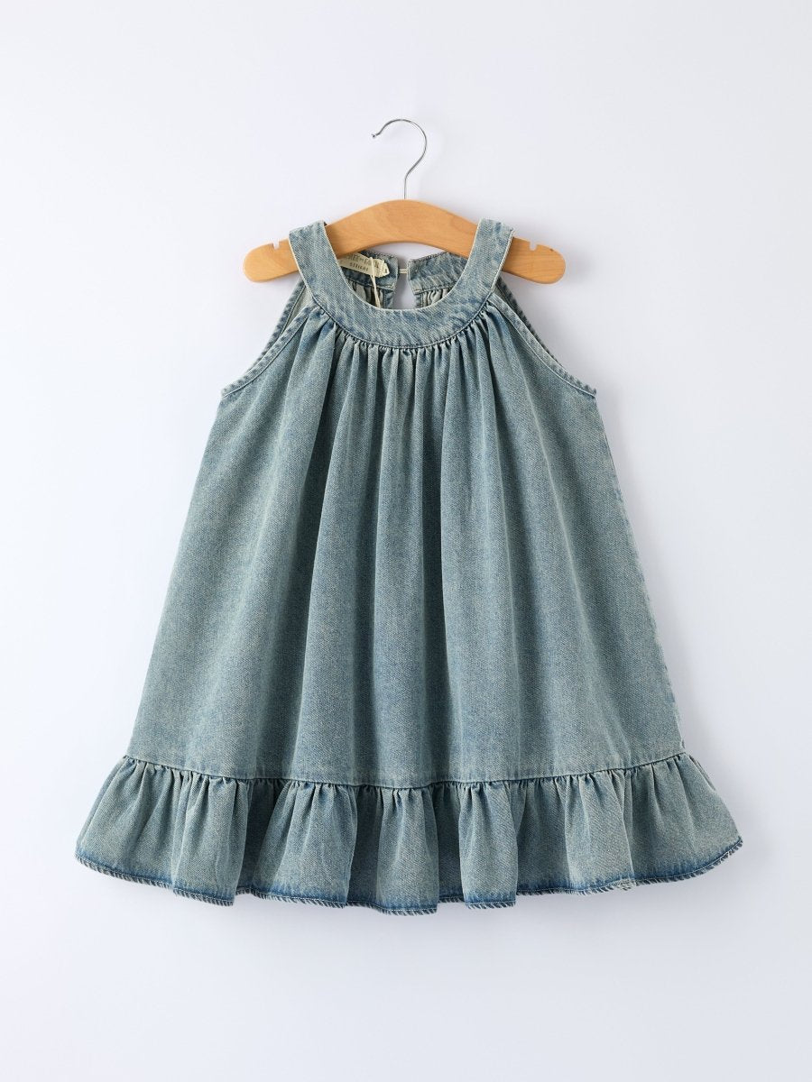 Rylee Faith Designs Girls Denim Ruffle Trim A - Line Dress - 