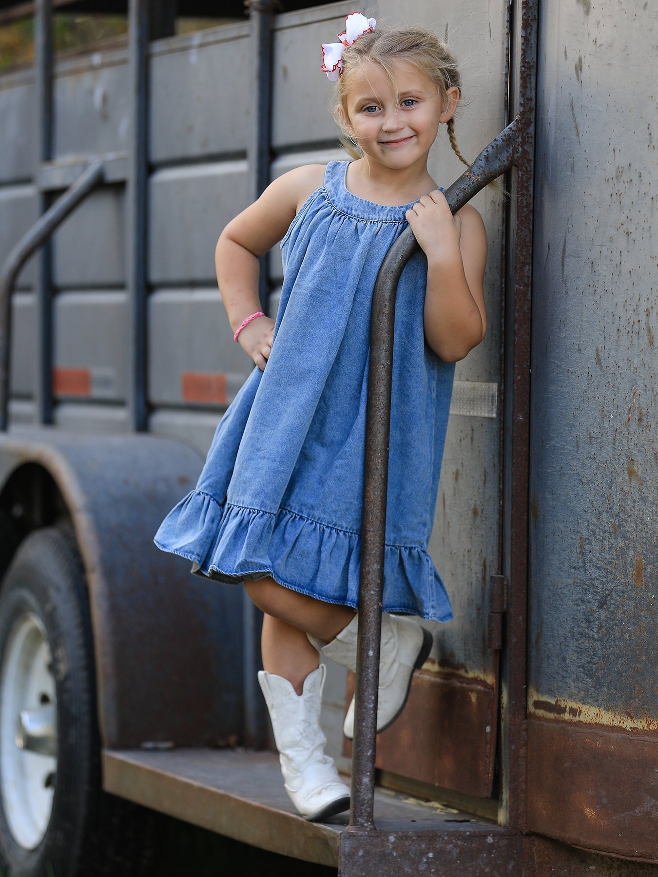 Rylee Faith Designs Girls Denim Ruffle Trim A - Line Dress - 