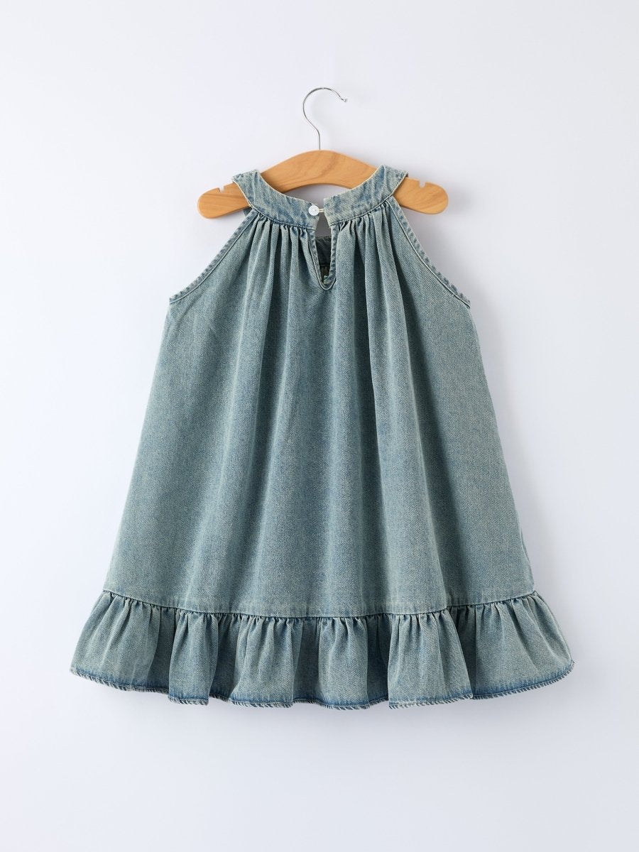 Rylee Faith Designs Girls Denim Ruffle Trim A - Line Dress - 