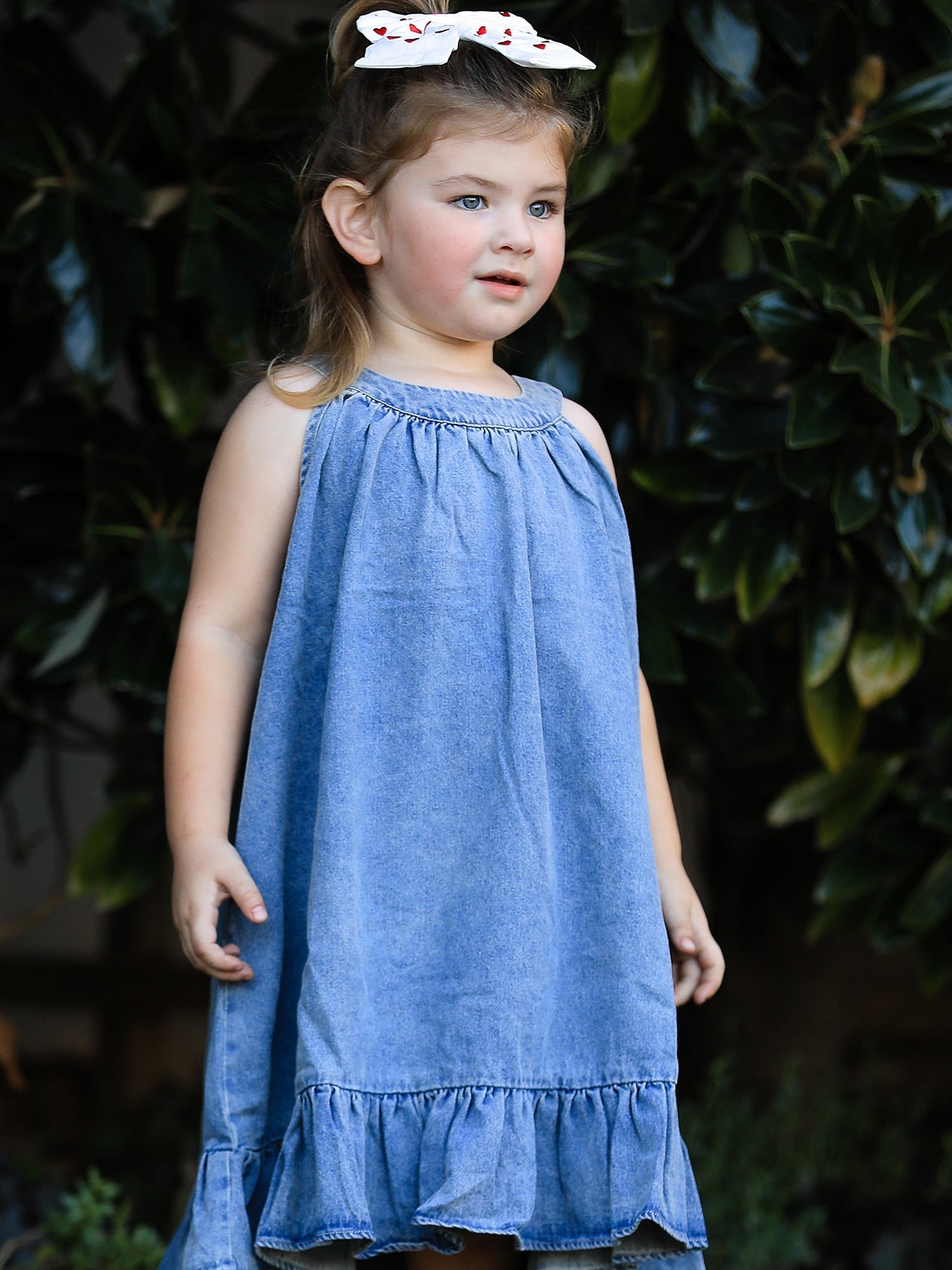 Rylee Faith Designs Girls Denim Ruffle Trim A - Line Dress - 