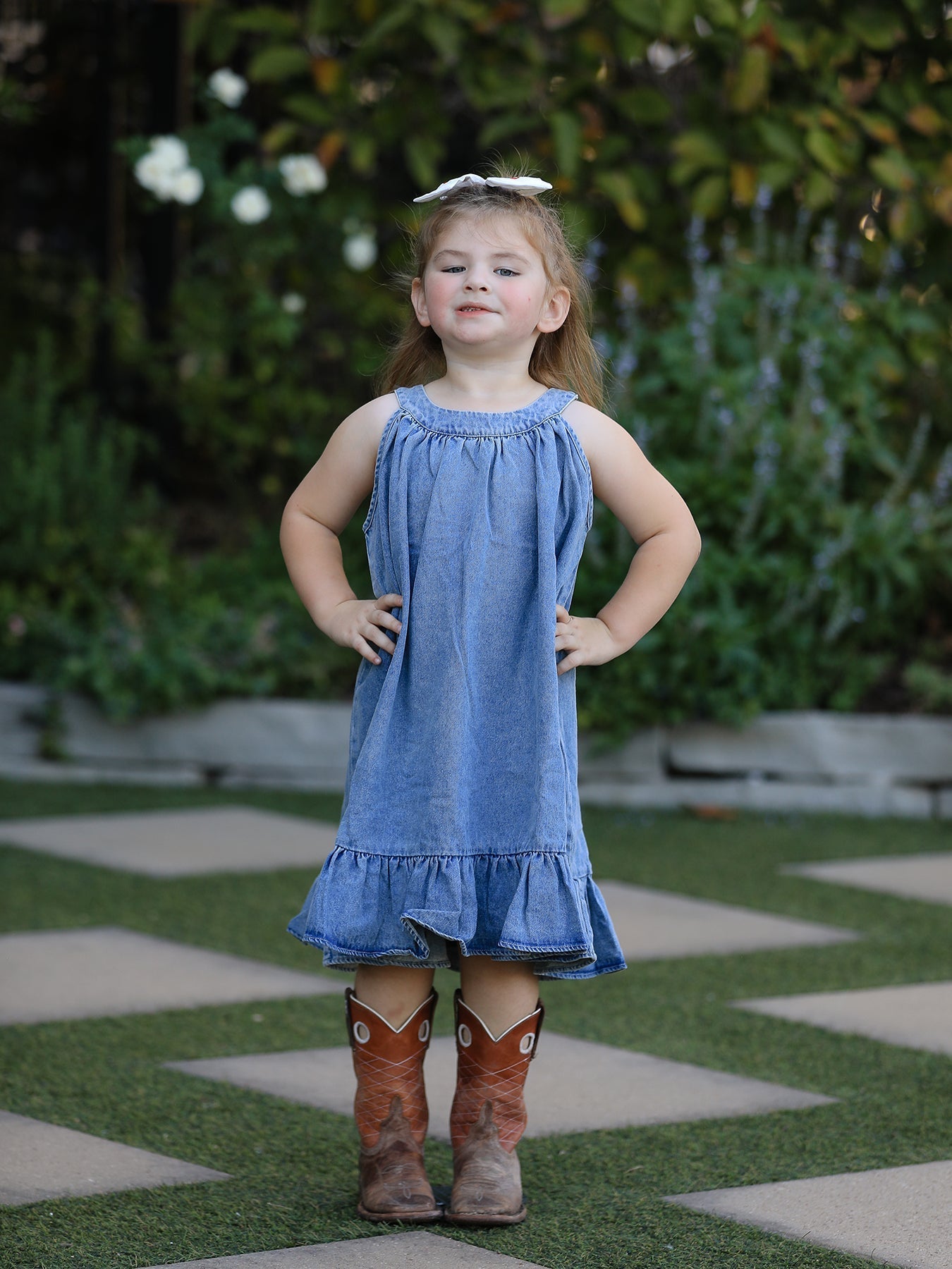 Rylee Faith Designs Girls Denim Ruffle Trim A - Line Dress - 