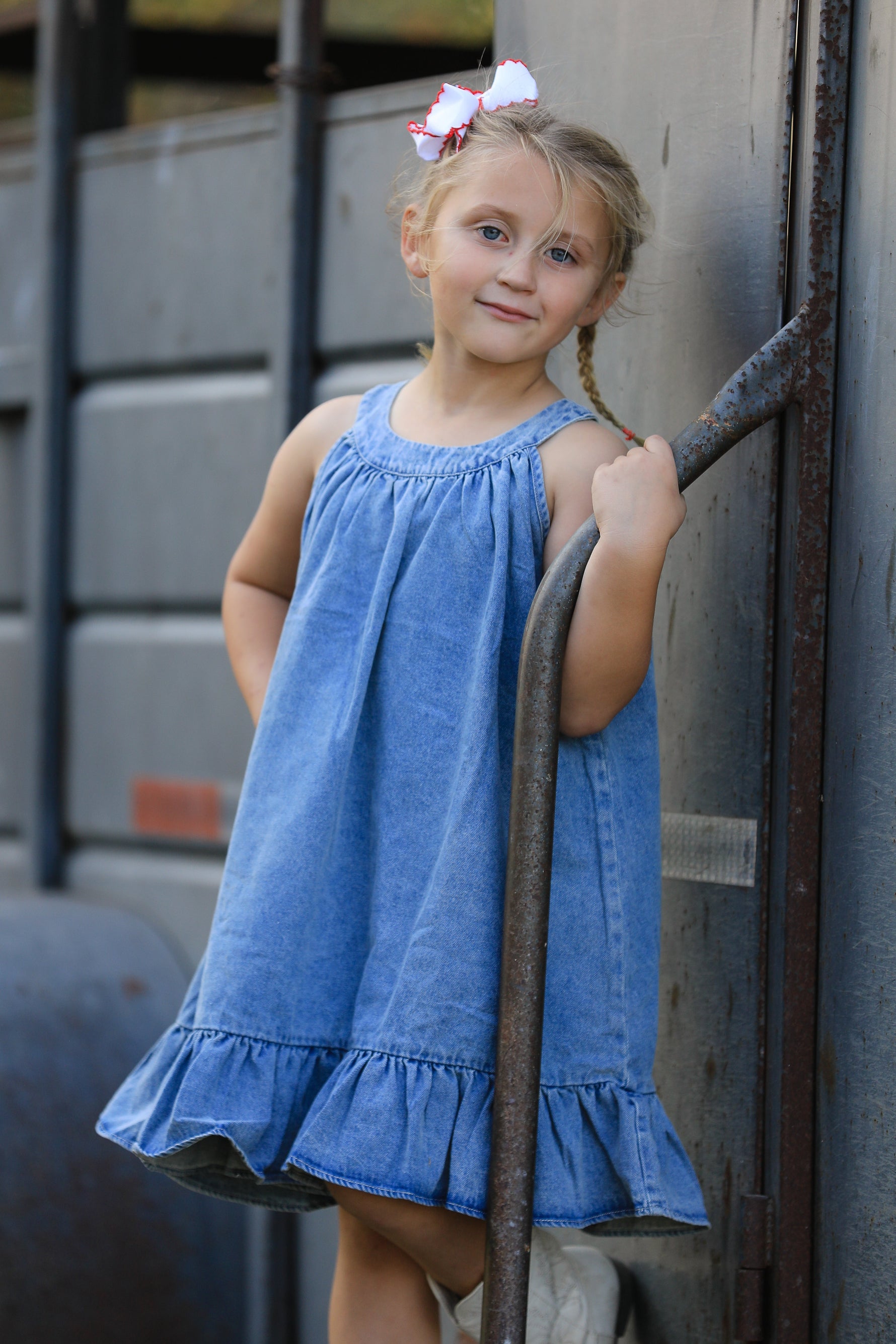 Rylee Faith Designs Girls Denim Ruffle Trim A - Line Dress - 