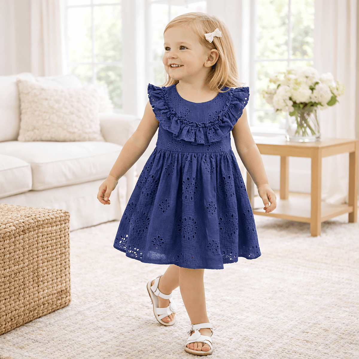 Tesa Babe Girls' Eyelet Ruffle Dress - Cotton Blue EmbroideredEveretts Place