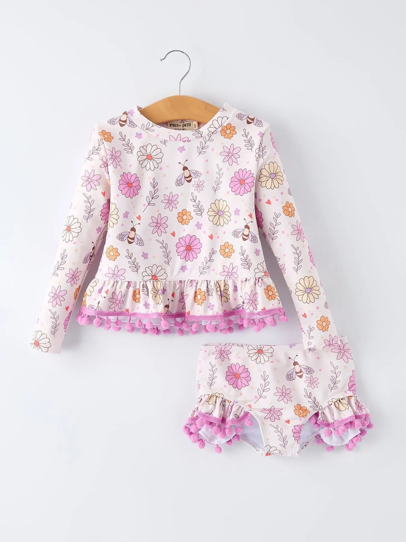 Rylee Faith Designs Girls Floral Bee Long Sleeve Ruffle Swimsuit Set - 