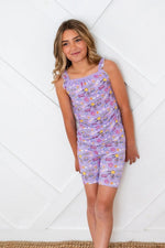 Bestaroo Girls Flutter Sleeve Tank and Shorts Set in Purple Bamboo Fabric - 