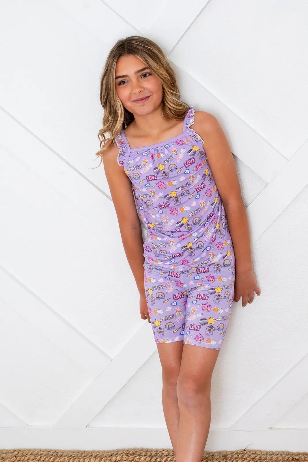 Bestaroo Girls Flutter Sleeve Tank and Shorts Set in Purple Bamboo Fabric - 