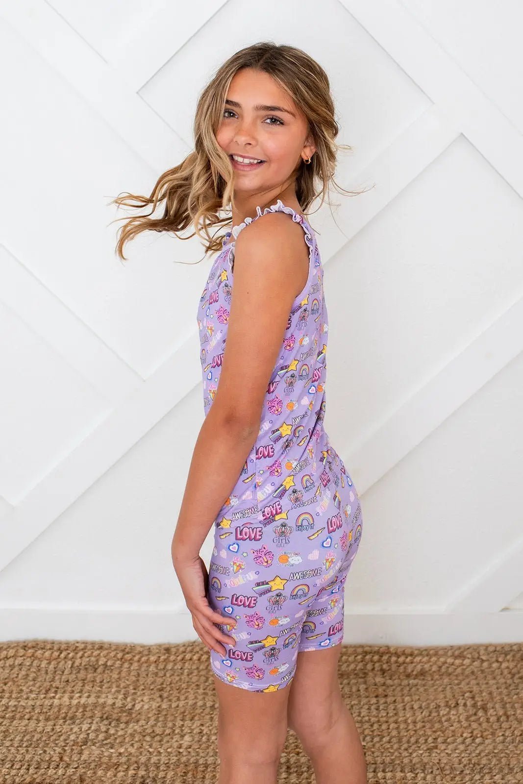 Bestaroo Girls Flutter Sleeve Tank and Shorts Set in Purple Bamboo Fabric - 