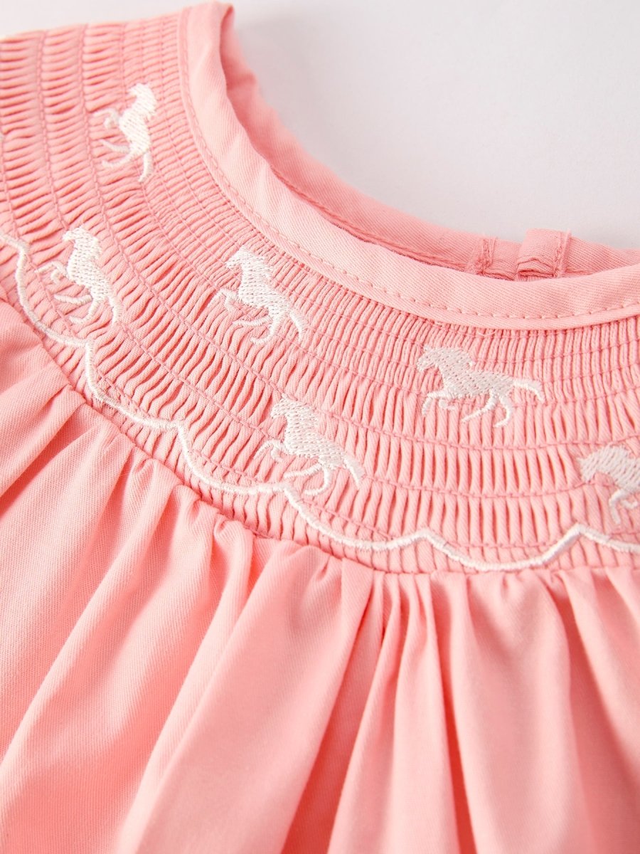 Rylee Faith Designs Girls Horse Smocking Embroidered Coral Dress - 