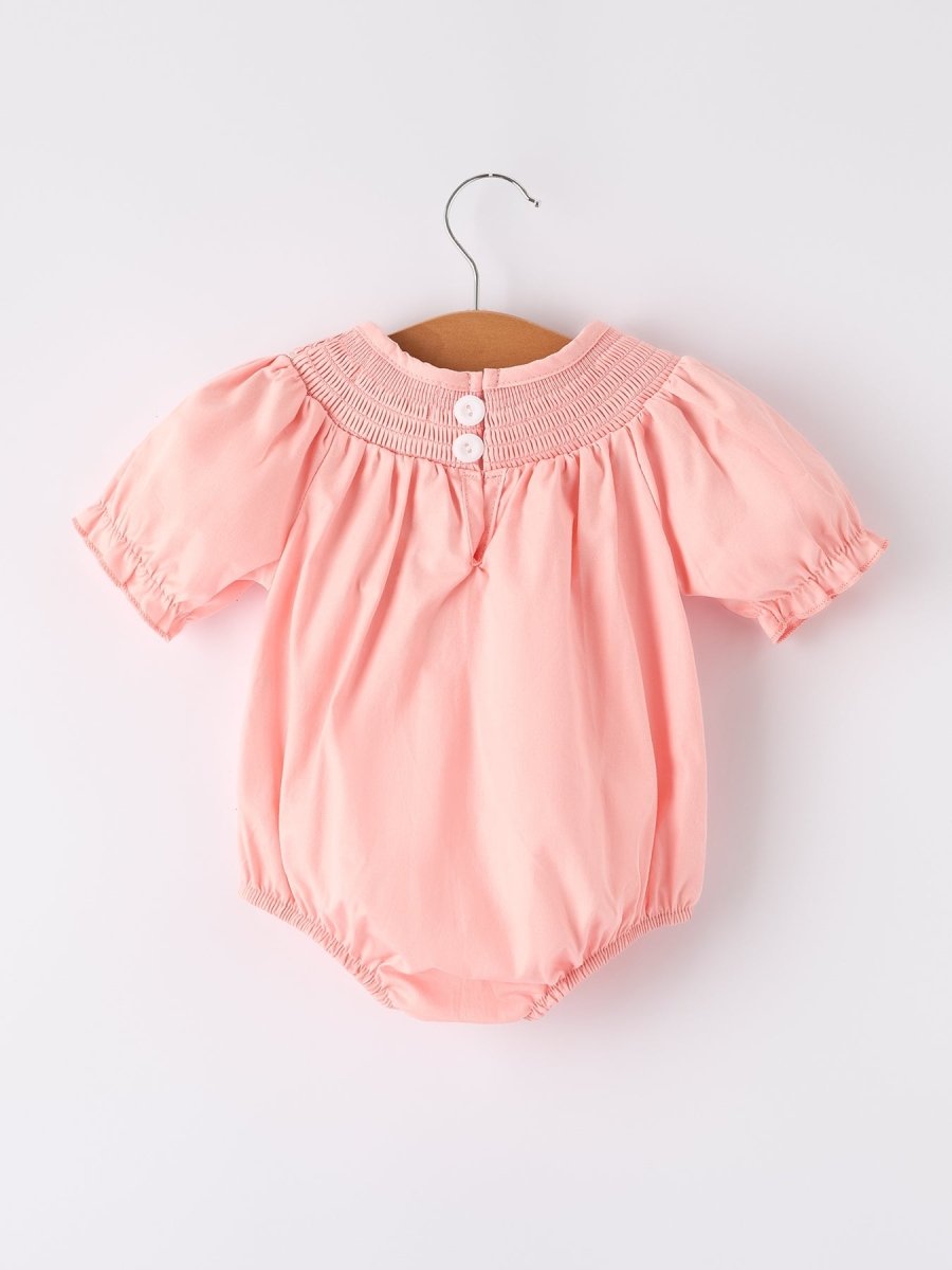 Rylee Faith Designs Girls Horse Smocking Embroidered Coral Romper - 