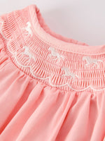 Rylee Faith Designs Girls Horse Smocking Embroidered Coral Romper - 