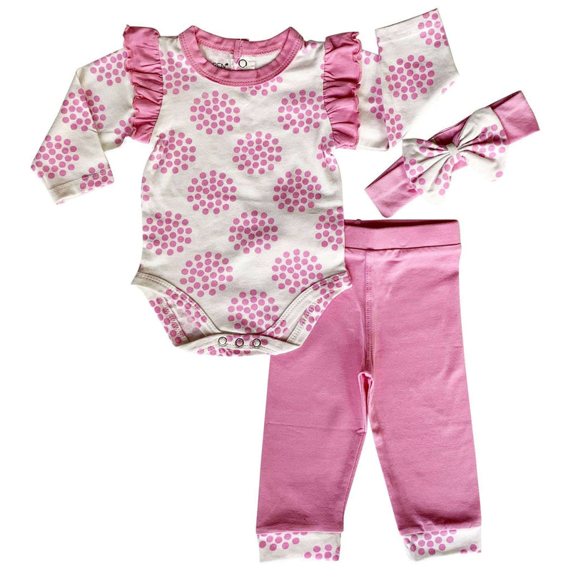 Girls Layette Pink Polka Dot Onesie, Pants, and Headband Set with Angel Sleeve Ruffles.