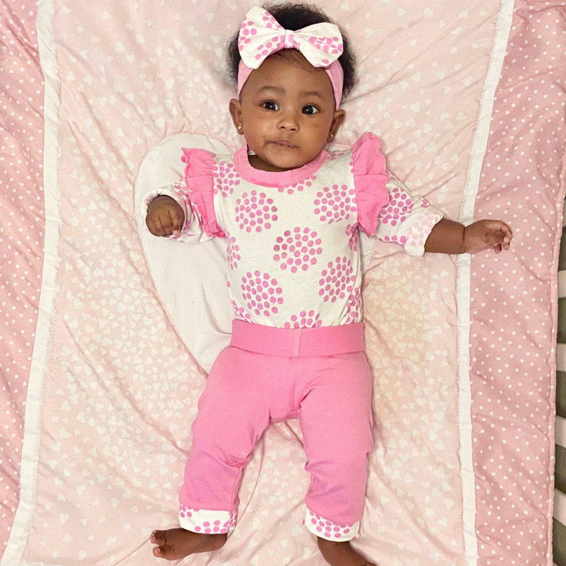 Girls Layette Pink Polka Dot Onesie Pants Headband - Everetts Place: Online Boutique - Kid's Clothing