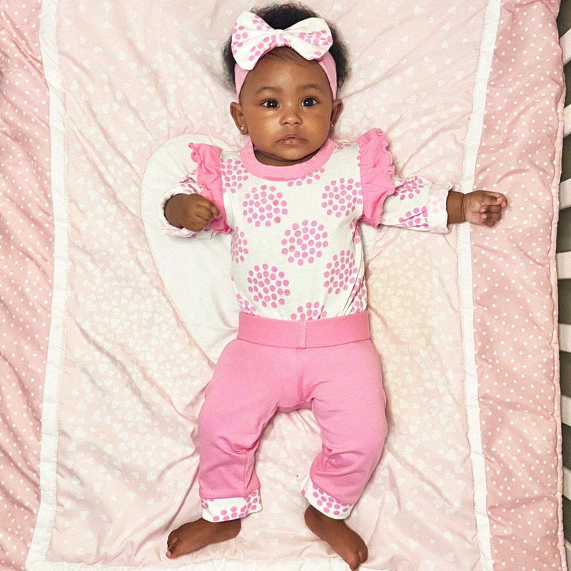 Girls Layette Pink Polka Dot Onesie Pants Headband - Everetts Place: Online Boutique - Kid's Clothing