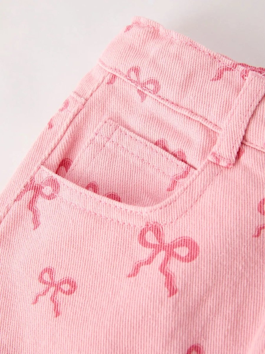 Rylee Faith Designs Girls Letter T-Shirt and Pink Bow Printed Denim Skirt Set - 