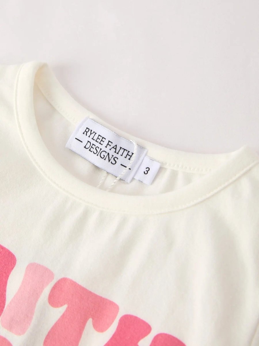 Rylee Faith Designs Girls Letter T-Shirt and Pink Bow Printed Denim Skirt Set - 
