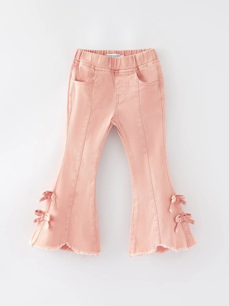 Rylee Faith Designs Girls Light Pink Bow Flared Elastic Denim Pants - 