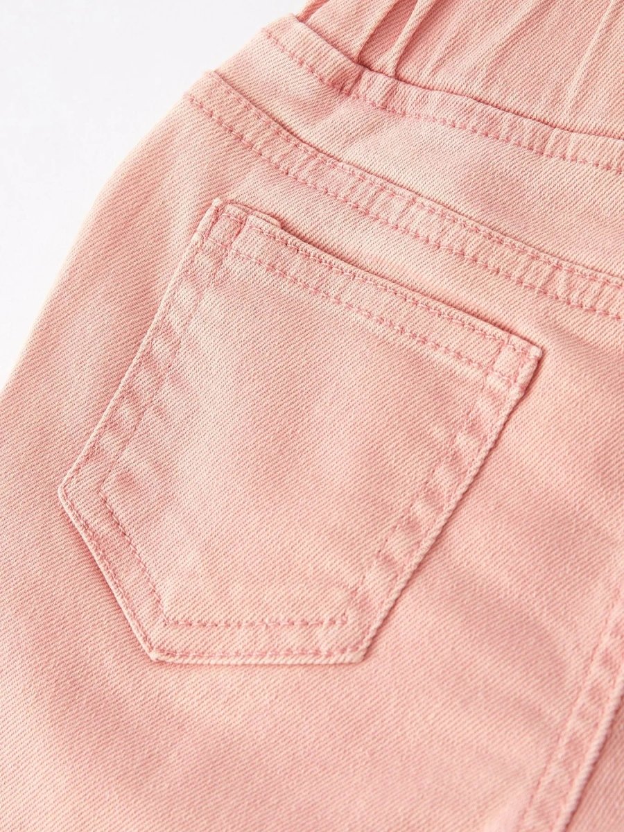 Rylee Faith Designs Girls Light Pink Bow Flared Elastic Denim Pants - 