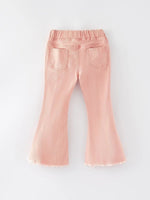 Rylee Faith Designs Girls Light Pink Bow Flared Elastic Denim Pants - 