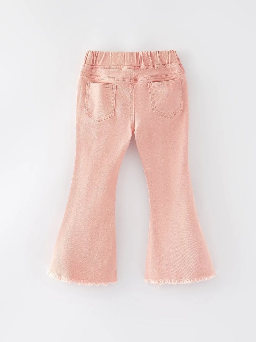 Rylee Faith Designs Girls Light Pink Bow Flared Elastic Denim Pants - 