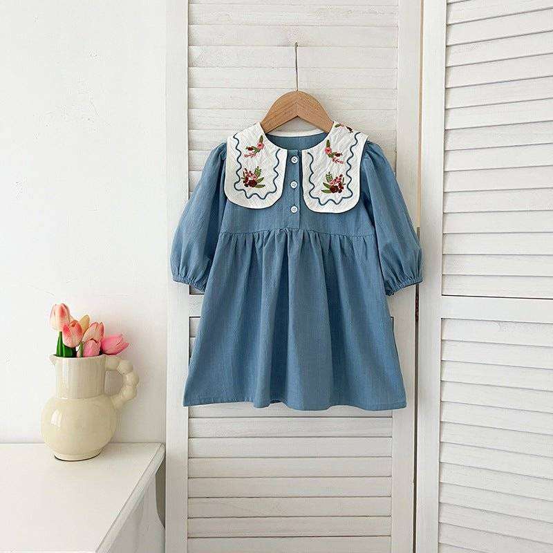 Girls Long Sleeves Flowers Embroidery Dress - Elegance & Charm