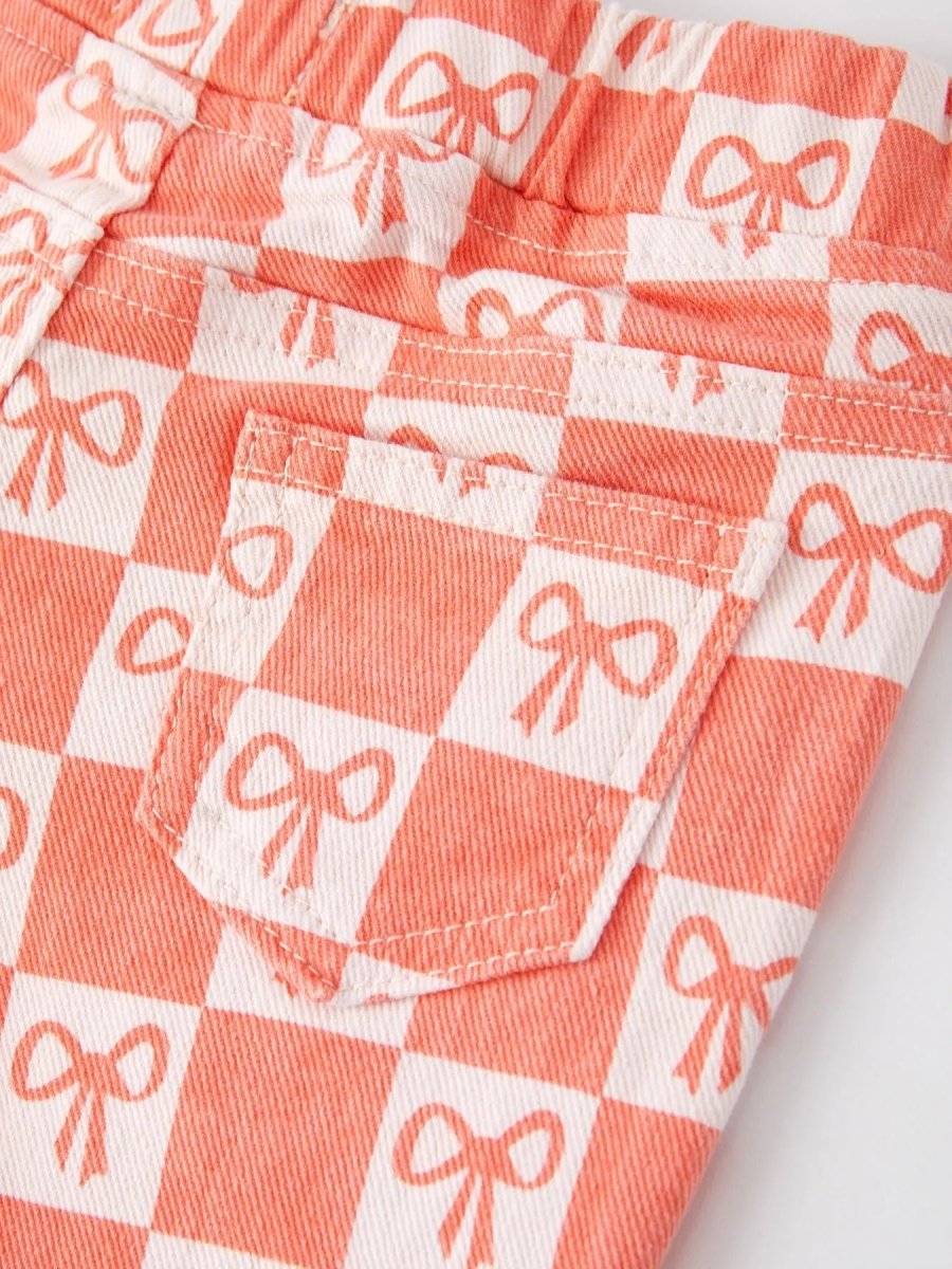 Rylee Faith Designs Girls Orange Bow Print Plaid Flared Jeans - 
