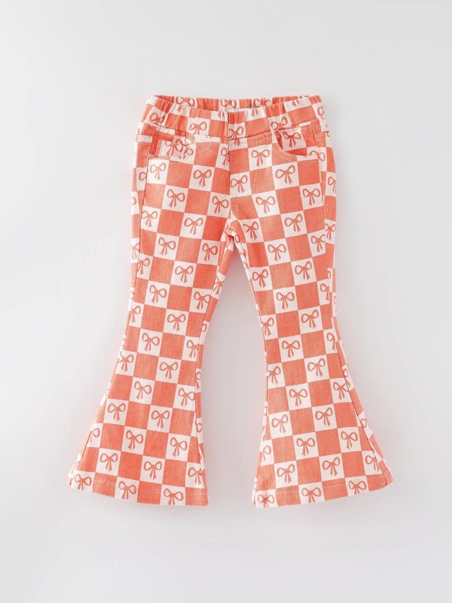 Rylee Faith Designs Girls Orange Bow Print Plaid Flared Jeans - 