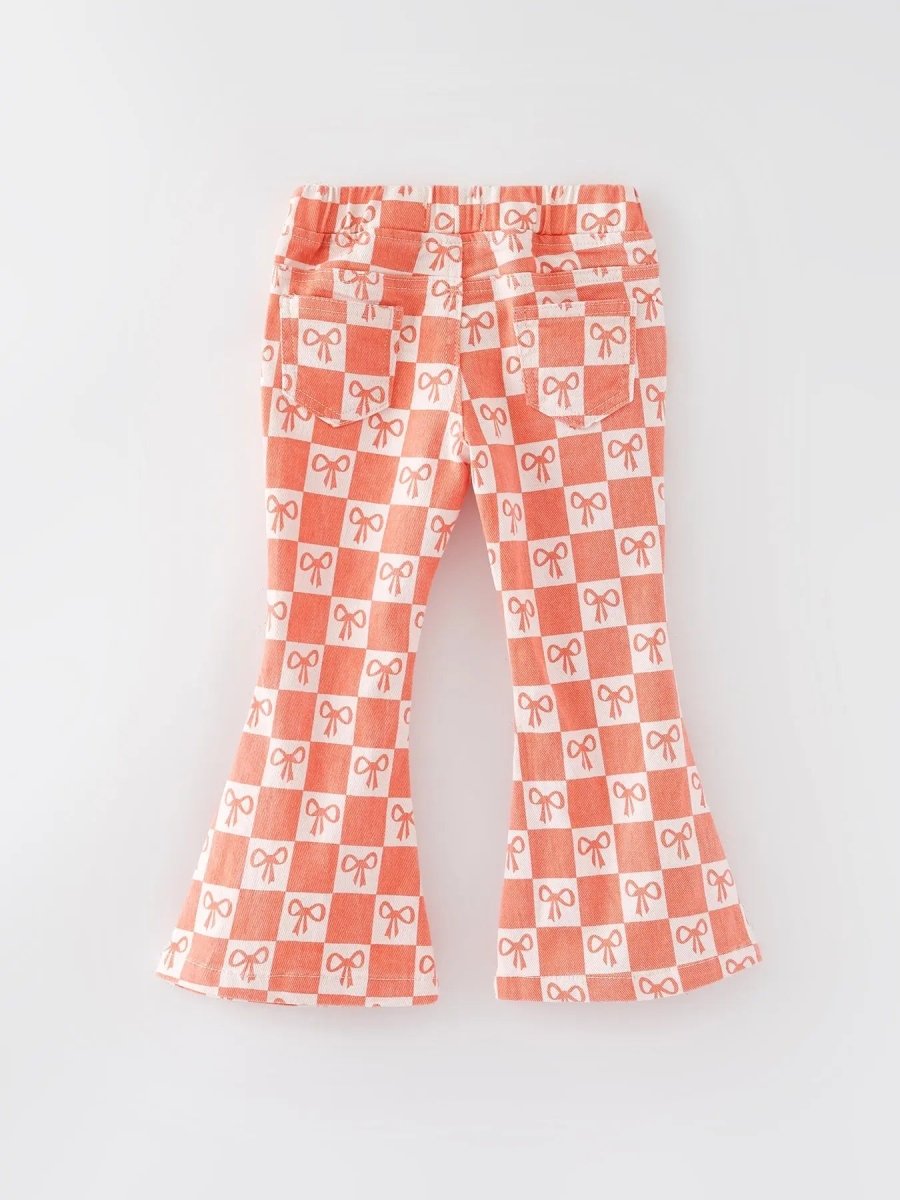 Rylee Faith Designs Girls Orange Bow Print Plaid Flared Jeans - 