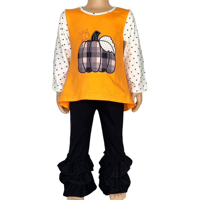 Girls Orange Pumpkin Top & Black Ruffle Pants Halloween Thanksgiving - Everetts Place: Online Boutique - Kid's Clothing