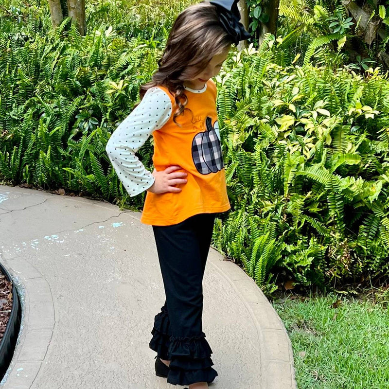 Girls Orange Pumpkin Top & Black Ruffle Pants Halloween Thanksgiving - Everetts Place: Online Boutique - Kid's Clothing