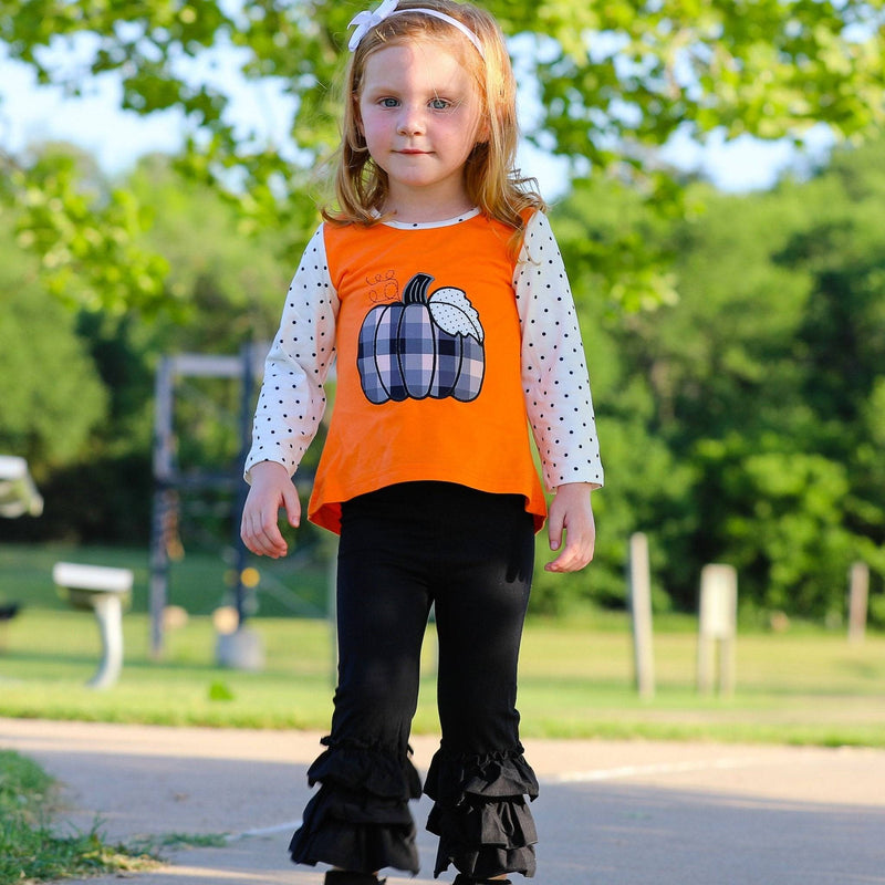 Girls Orange Pumpkin Top & Black Ruffle Pants Halloween Thanksgiving - Everetts Place: Online Boutique - Kid's Clothing