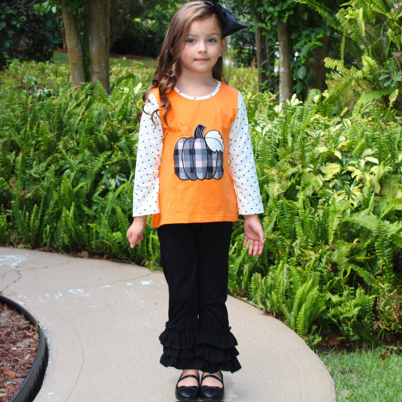 Girls Orange Pumpkin Top & Black Ruffle Pants Halloween Thanksgiving - Everetts Place: Online Boutique - Kid's Clothing