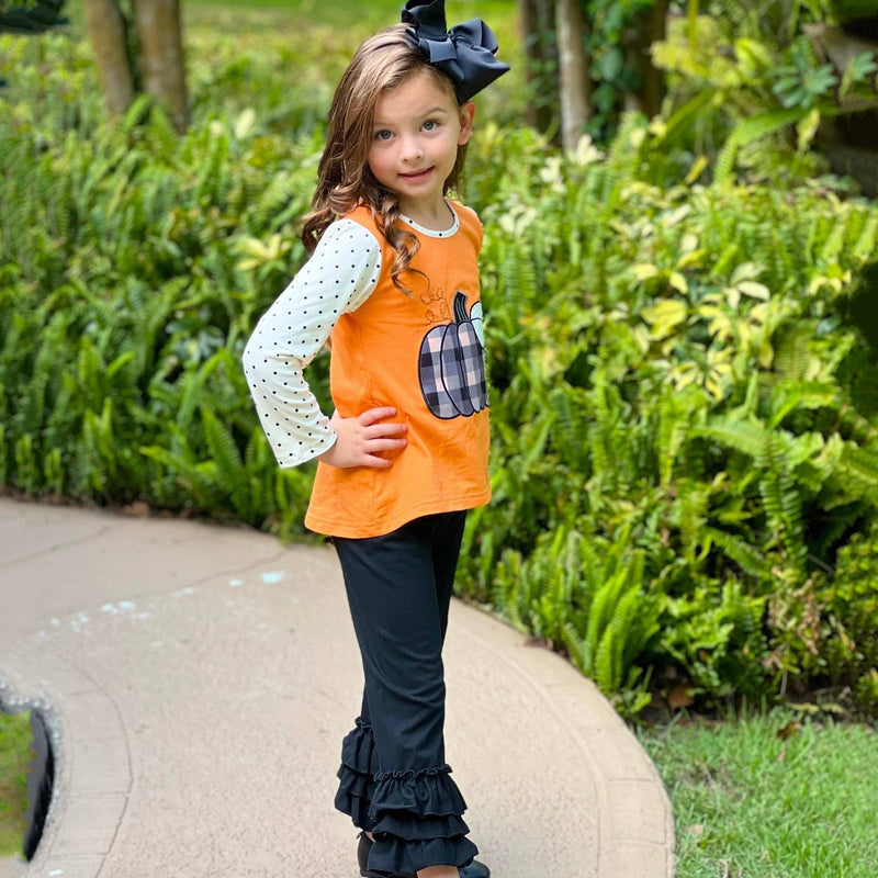 Girls Orange Pumpkin Top & Black Ruffle Pants Halloween Thanksgiving - Everetts Place: Online Boutique - Kid's Clothing