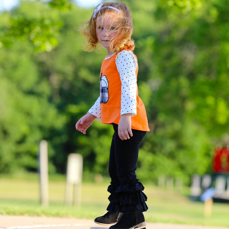 Girls Orange Pumpkin Top & Black Ruffle Pants Halloween Thanksgiving - Everetts Place: Online Boutique - Kid's Clothing