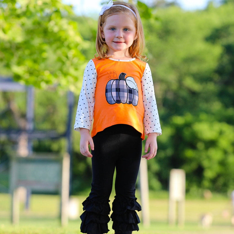 Girls Orange Pumpkin Top & Black Ruffle Pants Halloween Thanksgiving - Everetts Place: Online Boutique - Kid's Clothing