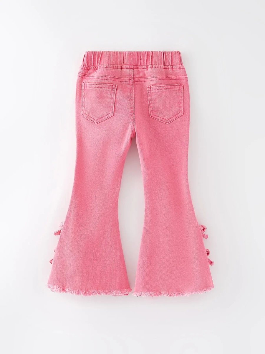 Rylee Faith Designs Girls Pink Bow Flared Elastic Denim Pants - 