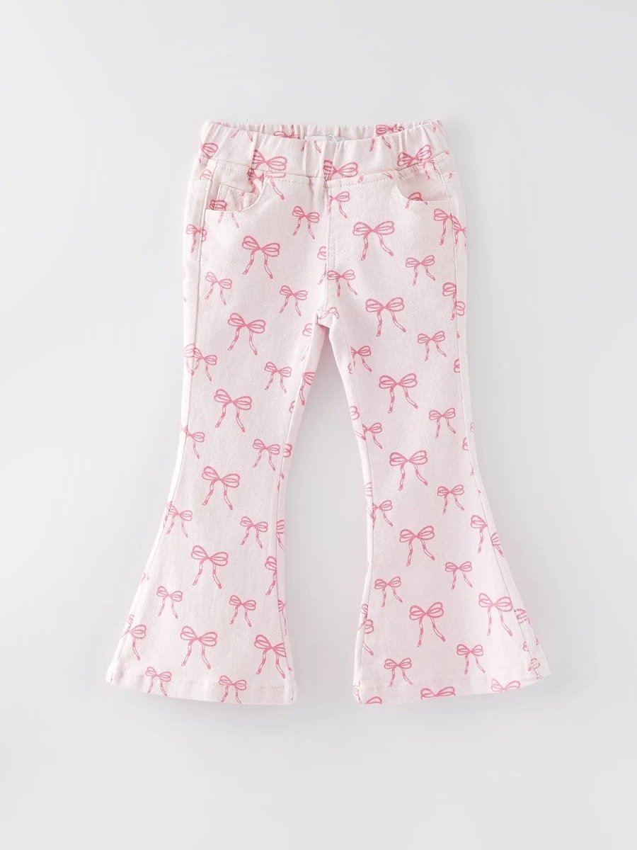 Rylee Faith Designs Girls Pink Bow Print Elastic Flared Jeans - Everetts Place Boutique - 