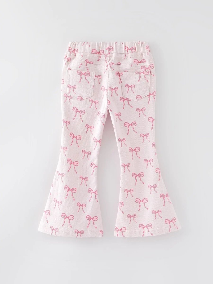 Rylee Faith Designs Girls Pink Bow Print Elastic Flared Jeans - Everetts Place Boutique - 