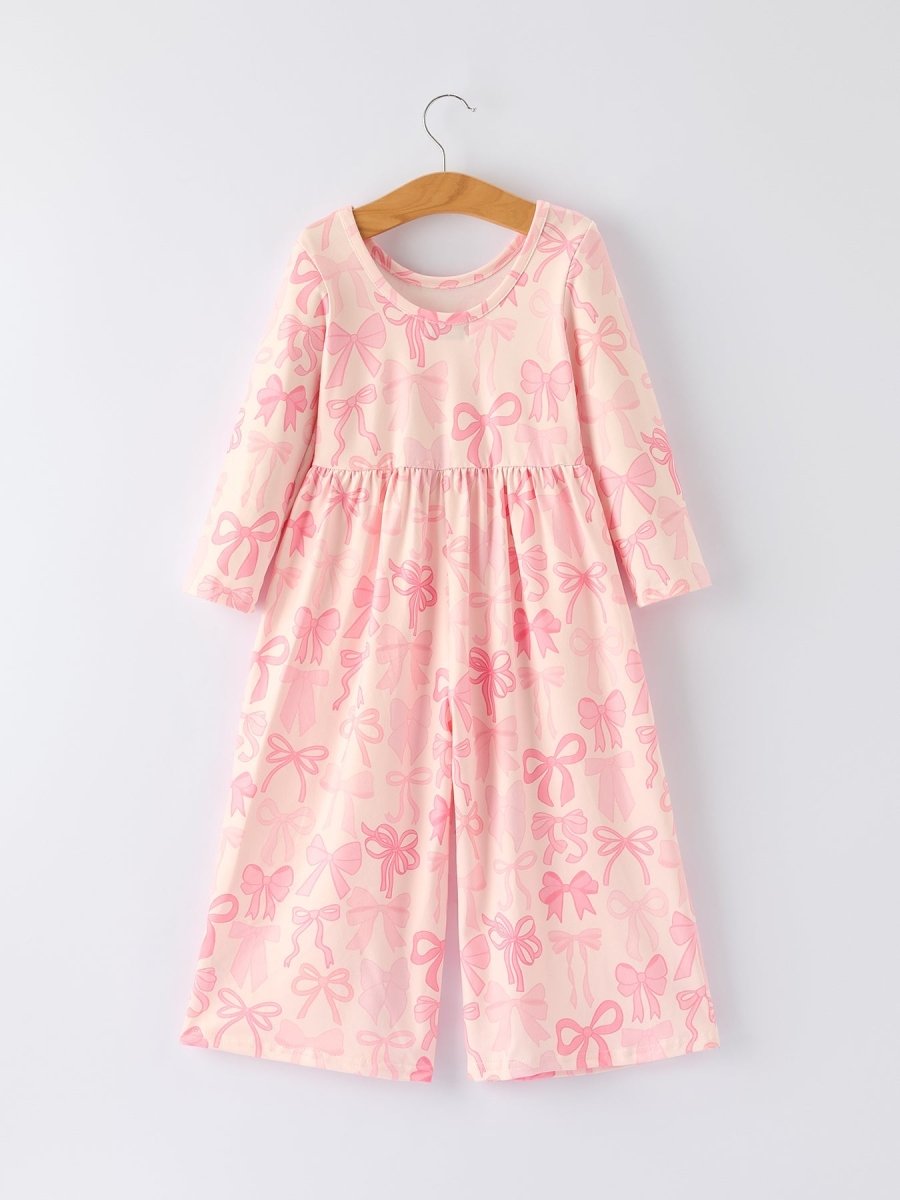 Rylee Faith Designs Girls Pink Bow Print Long Sleeve Jumpsuit - 