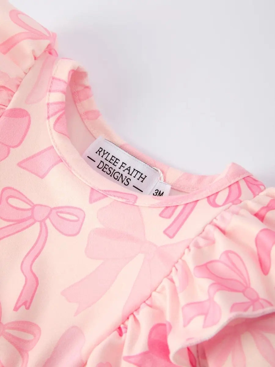 Rylee Faith Designs Girls Pink Bow Print Long Sleeves Romper - 