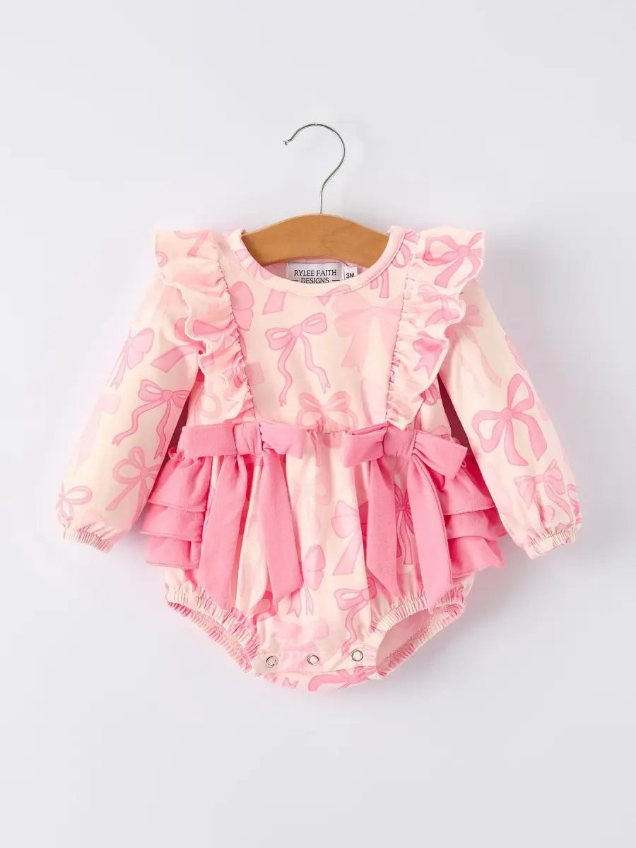 Girls Pink Bow Print Long Sleeves Romper - Baby & Toddler Clothing, Pink, Fashion, Textile, Ruffle | Everetts Place