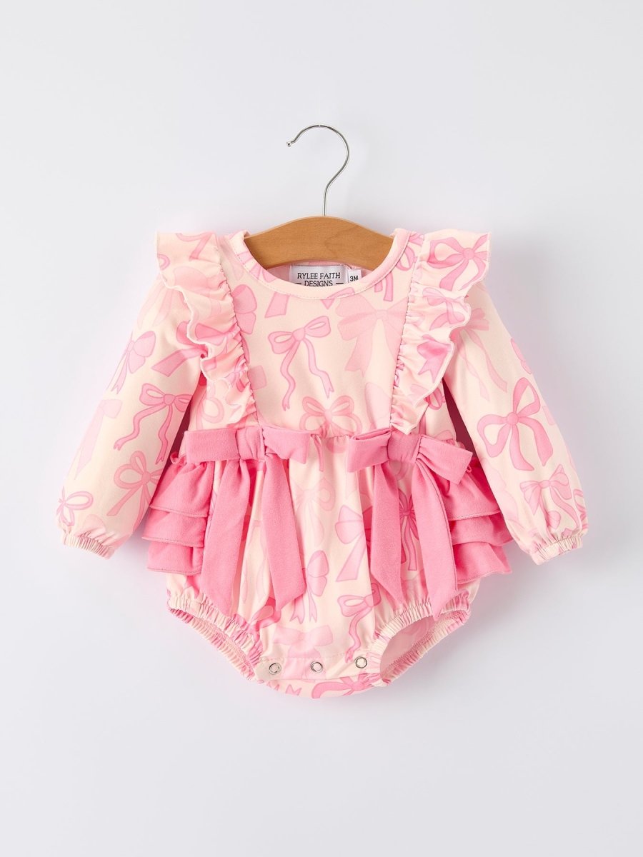 Rylee Faith Designs Girls Pink Bow Print Long Sleeves Romper - 