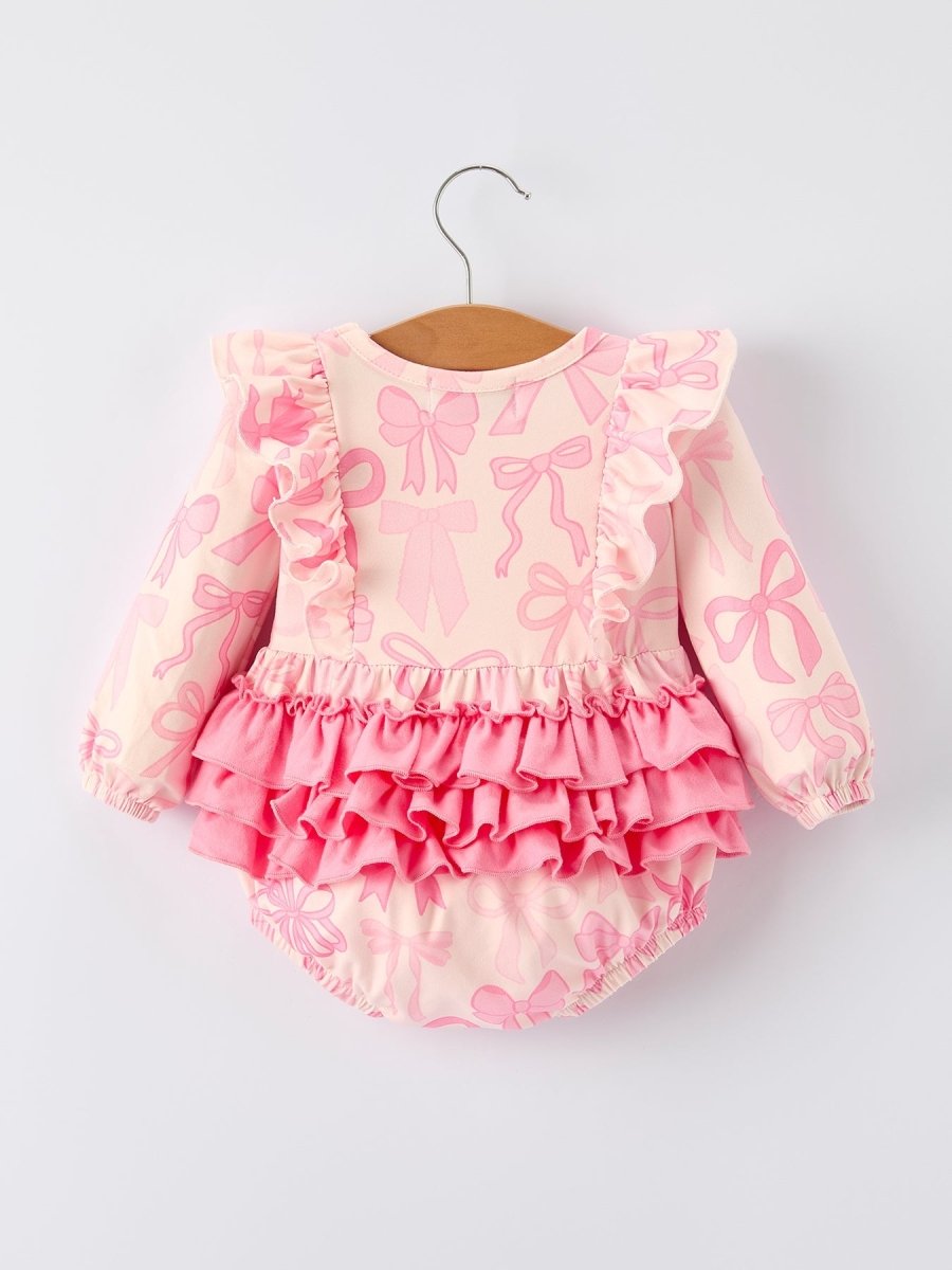 Rylee Faith Designs Girls Pink Bow Print Long Sleeves Romper - 