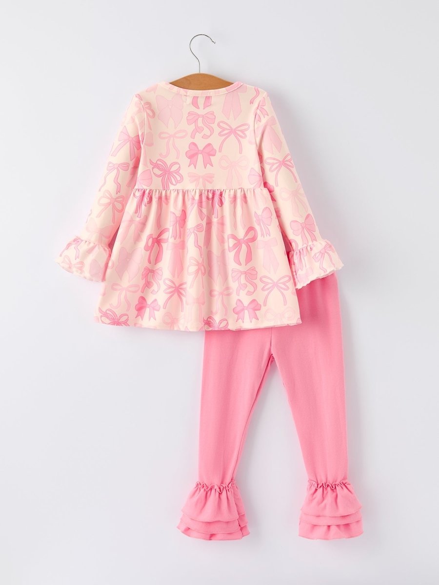 Rylee Faith Designs Girls Pink Bow Print Ruffled Long - sleeved Set - 