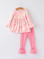 Rylee Faith Designs Girls Pink Bow Print Ruffled Long - sleeved Set - 